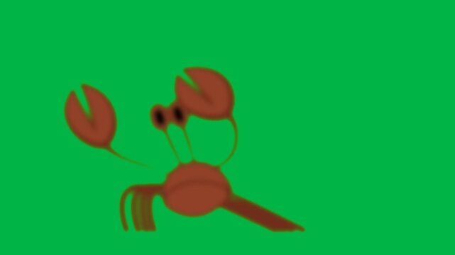 Red crab with big claws walking sideways on green screen chromakey background. Cute 2D animated cartoon animation for ocean, beach, seafood, zodiac cancer, or marine life videos.