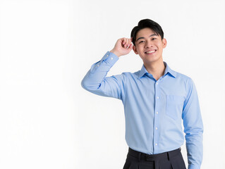 Asian man's gesture expression finding an idea, aha moment,