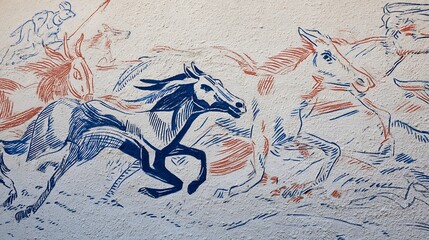 Group of Running Horses Wall Art in Blue and Red on White Wall