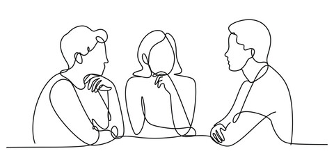 Continuous line art of three people in a meeting discussion