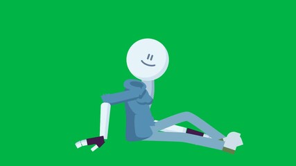 Man lying exhausted on floor after hard work on green screen chromakey background. Relatable 2D animated cartoon animation for tiredness, burnout, rest, or overwork concepts.