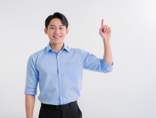 Asian man's gesture expression finding an idea, aha moment, expression pointing at something