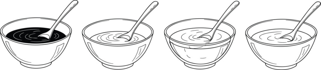 Hand Drawn Bowl of Soup with Spoon Outline Icon Set Isolated on White Background for Food Design.
