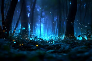 Mystical Forest Scene with Blue Light and Fireflies in Dark Enchanted Woods