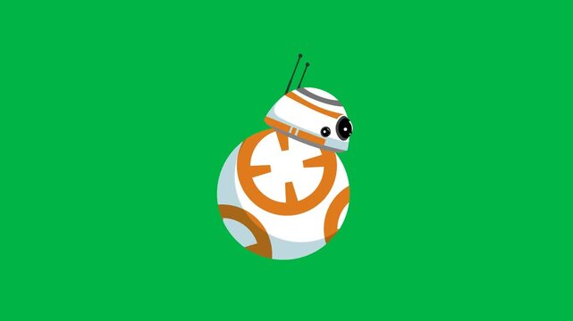 Cute orange and white robot droid rolling on green screen chromakey background. Funny 2D animated cartoon animation ideal for sci-fi, technology, kids content, or futuristic robot videos.