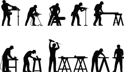 Obraz premium Silhouettes of construction workers using tools, carpenters cutting wood, builders drilling and sawing, professional craftsmanship, industrial labor vector illustration set