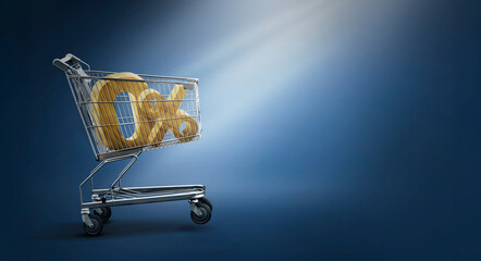 A zero percent interest shopping cart on a blue background represents the benefits of zero percent interest shopping and smart financial shopping."