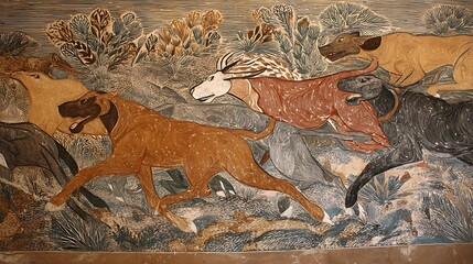 Colorful Animal Scene Featuring Running Dogs and Deer in Artistic Style