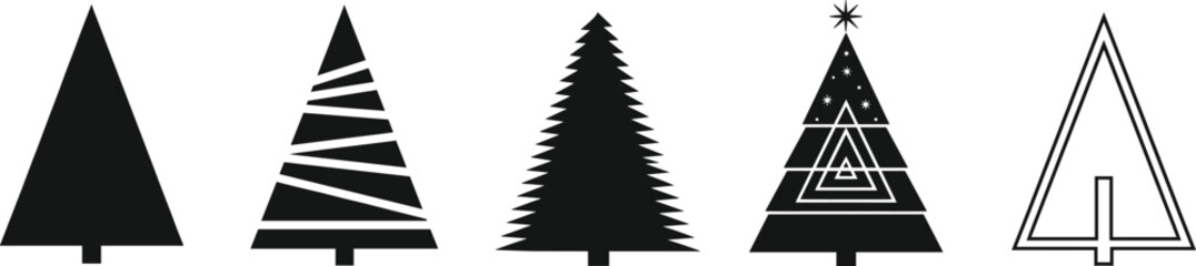 Set of five stylized Christmas tree icons showing simple, decorated, and abstract conifer shapes in black silhouette and outline vector graphics. (20 words)