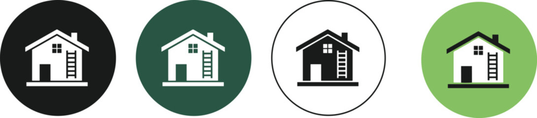 Set of four house icons showing a residential building with a ladder, provided in black, green, and outline circular vector buttons. (20 words)
