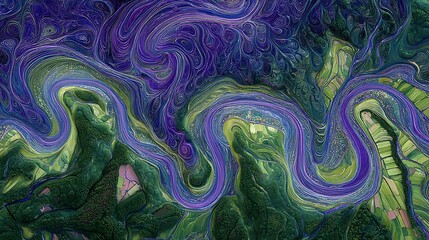 Abstract Colorful Swirling Landscape with Green and Purple Tones for Creative and Artistic Use
