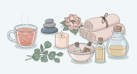 Relaxing spa items including a cup of tea, stacked stones, candle, aromatic oils, and rolled towels arranged on a light background