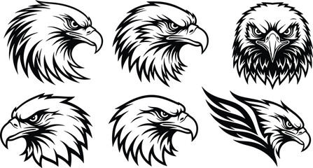Aggressive Eagle Head Vector Set in Black and White, Featuring Six Detailed, Intense-Looking Bird Mascots with Strong, Determined Expressions