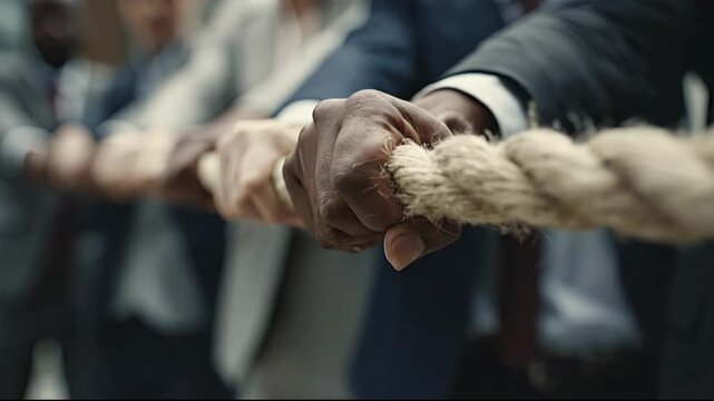 A close-up low-angle shot of diverse hands in suits gripping a thick rope pulling in unison