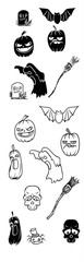Black and white spooky Halloween set of hand drawn ink splashes and doodles featuring cartoon pumpkin, bat, cat, ghost, and skull vector silhouettes