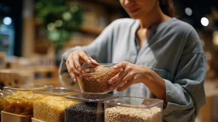 A shopper filling reusable containers at a bulk grocery store, choosing grains and spices from glass dispensers while holding a handwritten zero-waste shopping list — sustainable consumption,