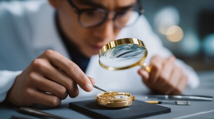 A watchmaker using a magnifying glass to inspect tiny gears inside an open luxury timepiece, tools arranged neatly around the velvet mat — fine craftsmanship, precision repair, and high-end