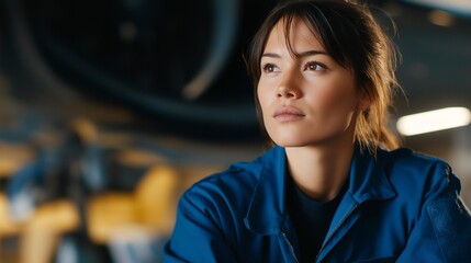 An airline technician inspecting lightweight composite parts inside a hangar, ensuring aerodynamic surfaces maximize aircraft fuel efficiency before takeoff — sustainable aviation, reduced fuel