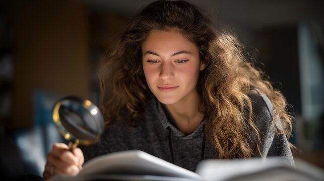 A student highlighting paragraphs of a textbook with a magnifying glass nearby, symbolizing focused learning and deeper understanding &mdash; academic study, educational clarity, and detail-oriented