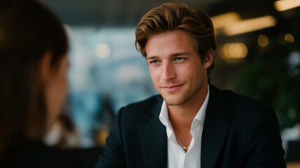 A CEO mentoring a young professional in a quiet corner of the office, offering guidance with open body language — leadership development, talent growth, and supportive executive culture. cinematic