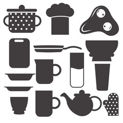 Vector set of kitchen utensils icons and coffee cup illustrations for cafe and restaurant design