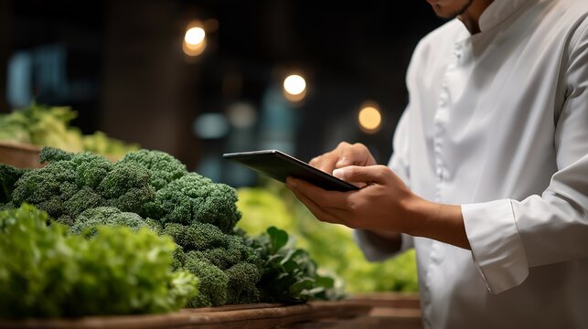 Close-up of chef scanning produce with smart device while interacting with digital farm analytics, highlighting agri-tech innovation, farm-to-table freshness, and futuristic culinary sourcing.