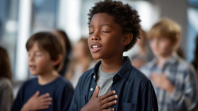 A diverse classroom of students reciting a morning pledge, sunlight pouring through large windows as their hands rest over their hearts — unity, multicultural patriotism, and early civic education