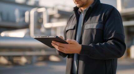 Technician standing near a network of pipes reviewing real-time pressure data on a digital tablet connected to a smart IoT gas monitoring system — perfect representation of AI integration, smart