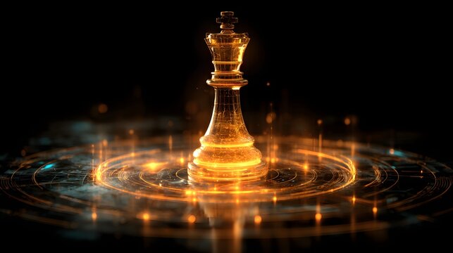 Illuminated golden chess king piece stands on a futuristic glowing platform