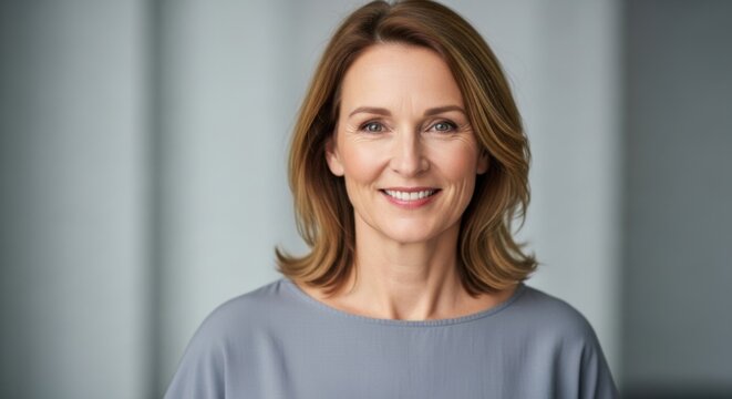 Professional woman smiling confidently with natural background and