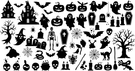 Fototapeta premium Halloween Silhouette Bundle | Spooky Clipart Set | Witch Ghost Pumpkin SVG Collection