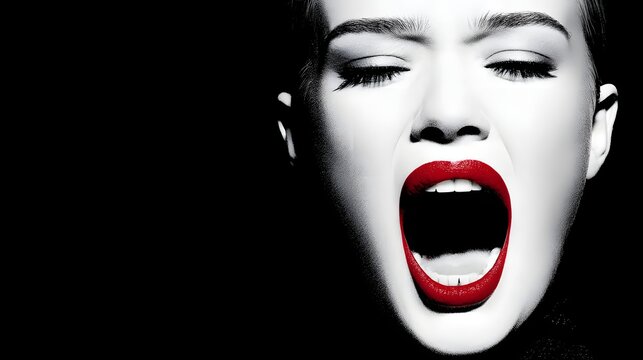 Woman's face dramatically rendered in high contrast showing an open mouth scream against darkness