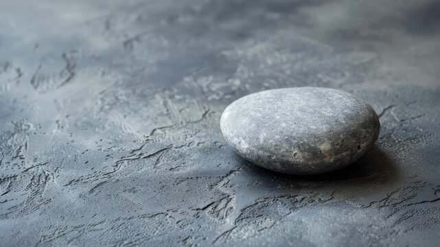 Smooth round gray stone on textured dark concrete surface
