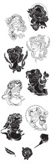 A set of hand-drawn vector animal illustrations featuring black and white fish, birds, a tribal tiger head, and floral ornament designs for tattoo and logo art