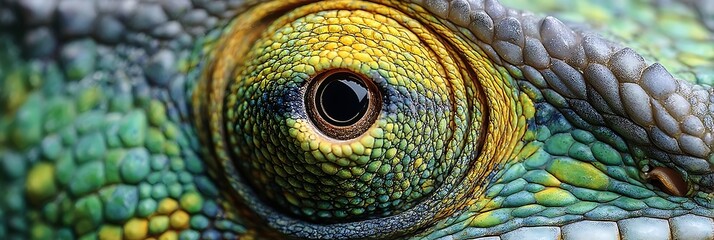 Obraz premium Close Up of a Green and Yellow Chameleon Eye with Textured Skin in Natural Light