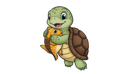 Fototapeta premium Cartoon Turtle Holding a Fish with a Happy Expression.