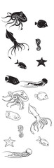 Hand-drawn vector set of fish and splashes for animal tattoo illustration design