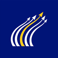 A modern abstract growth and success concept illustration featuring multiple white and gold upward arrows on a deep blue background, symbolizing progress, leadership, direction, and positive momentum