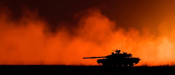 Military Tank Silhouette Moving Through Smoke at Sunset with Fiery Orange Sky