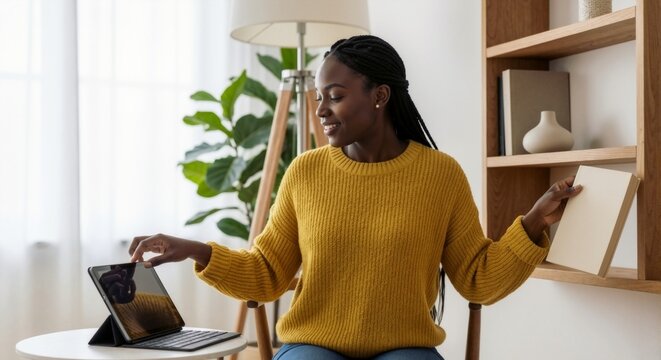 Digital and traditional learning — young woman multitasking with tablet and book at home, hybrid education theme