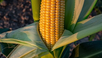 Fototapeta premium Macro shot of young corn partially exposed from its husk, showcasing vibrant yellow kernels and fresh natural texture.