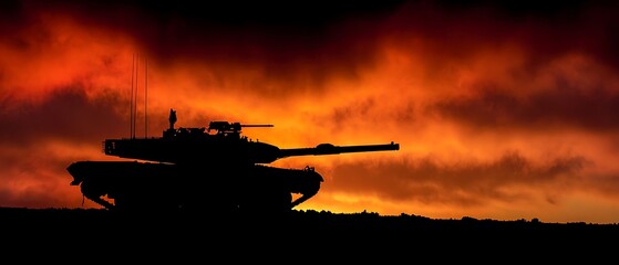 Silhouette of Military Tank Against Dramatic Sunset Sky with Fiery Clouds