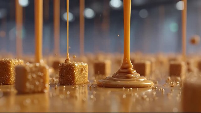 Golden Caramel Sauce Pouring Over Square Candies on a Shiny Surface with Blurred Lights Background, Creating a Delicious Confectionery Scene