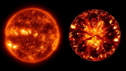 Bright Sun with Fiery Orange Surface and Glowing Crystalline Sphere in Space