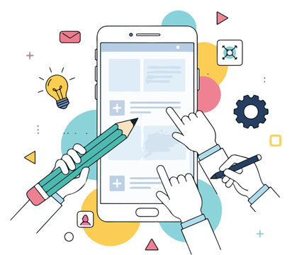 Creative Mobile App Development Vector Illustration: Smartphone Application Design, Coding and Programming Concept for Web Banners, Social Media Graphics and Marketing Materials