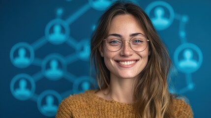 a smiling woman with long hair and glasses stands in front of a blue background featuring interconnected user icons symbolizing networking and communication