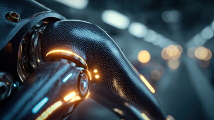industrial robot arm closeup assembling carbon fiber structures for highspeed aircraft glowing led indicators and clean factory background enhancing detail