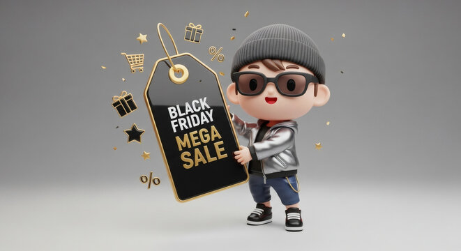Adorable cartoon boy promotes Black Friday mega sale with golden accents and shopping icons for vibrant holiday marketing campaigns and festive designs