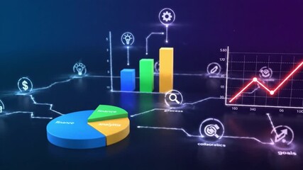 Digital dashboard with holographic charts and graphs for business data analysis. 3D animation of financial statistics, pie chart, bar graph, and rising market trend - Powered by Adobe