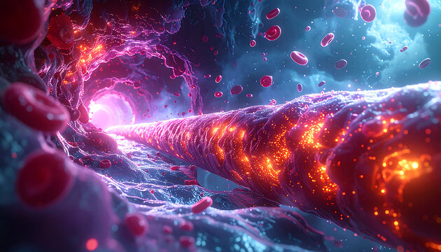 A fantastical journey inside a glowing, energetic artery with red blood cells flowing through a cosmic, nebula-like space.